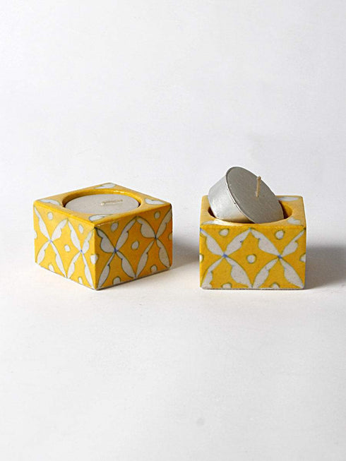 Blue Pottery Candle Holder Set -White Leaf With Yallow base